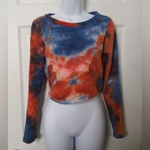SJL apparel blue and red tye dye long sleeve crop top